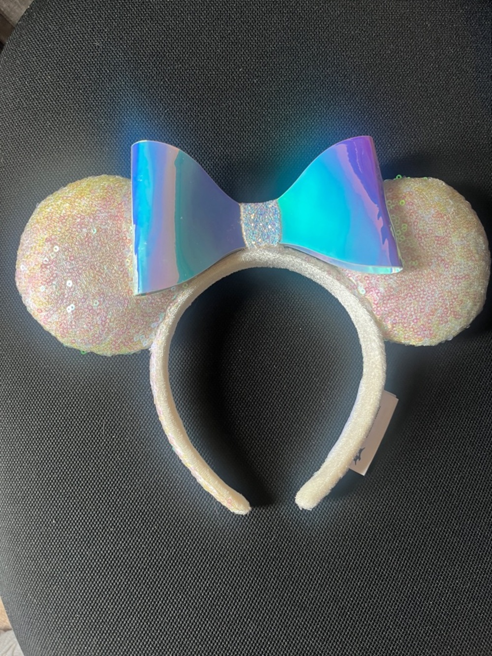 Disney Parks Iridescent Sequin Minnie Ears Headband with holographic Bow